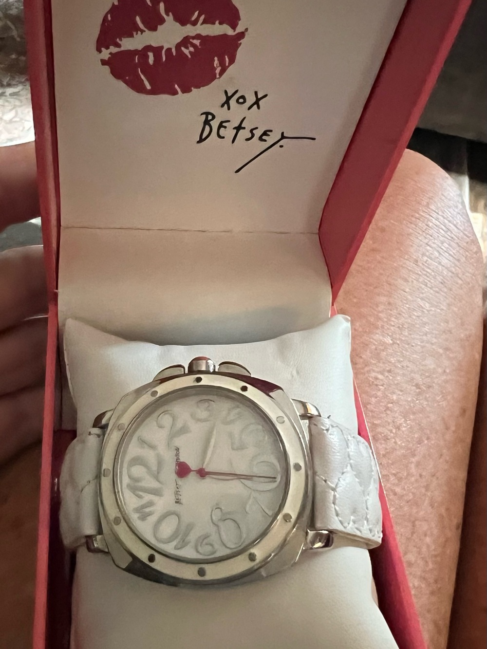 Betsey Johnson White Quilted Strap Silver-Tone Dial Watch with Red Hand